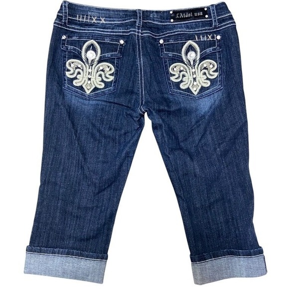 L.A. Idol USA Embellished Capri Jeans Rhinestone Fleur-de-lis Dark‎ Wash 15 - Picture 1 of 9